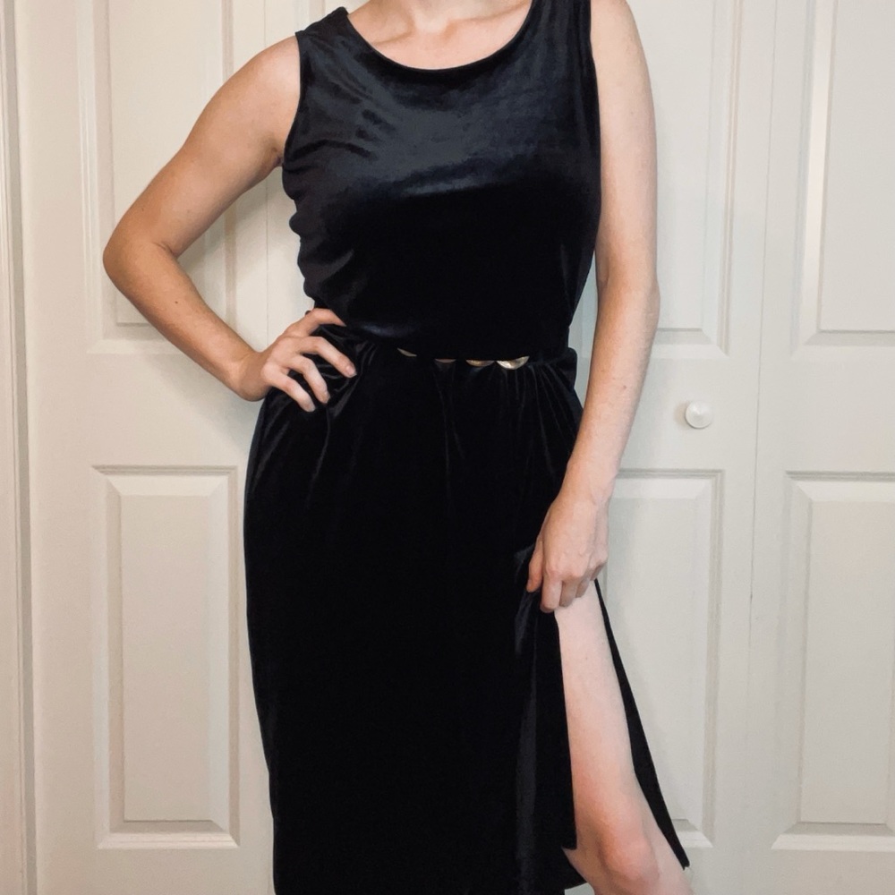VTG 90s Black Velvet Maxi Dress Single Slit K Petite Size 14P